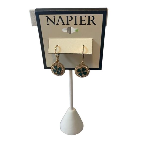 Napier Coin Drop Sparkly Shamrock Earrings in Green, Gold & Clear Pave Crystals - Picture 1 of 6